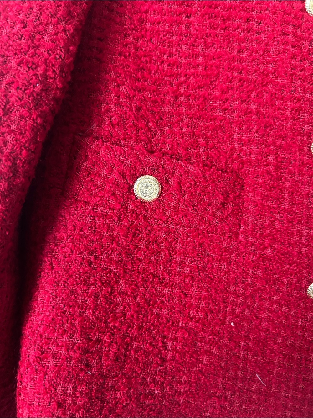 Zara Red Tweed Double-Breasted Blazer with Gold Buttons - Picture 4 of 6